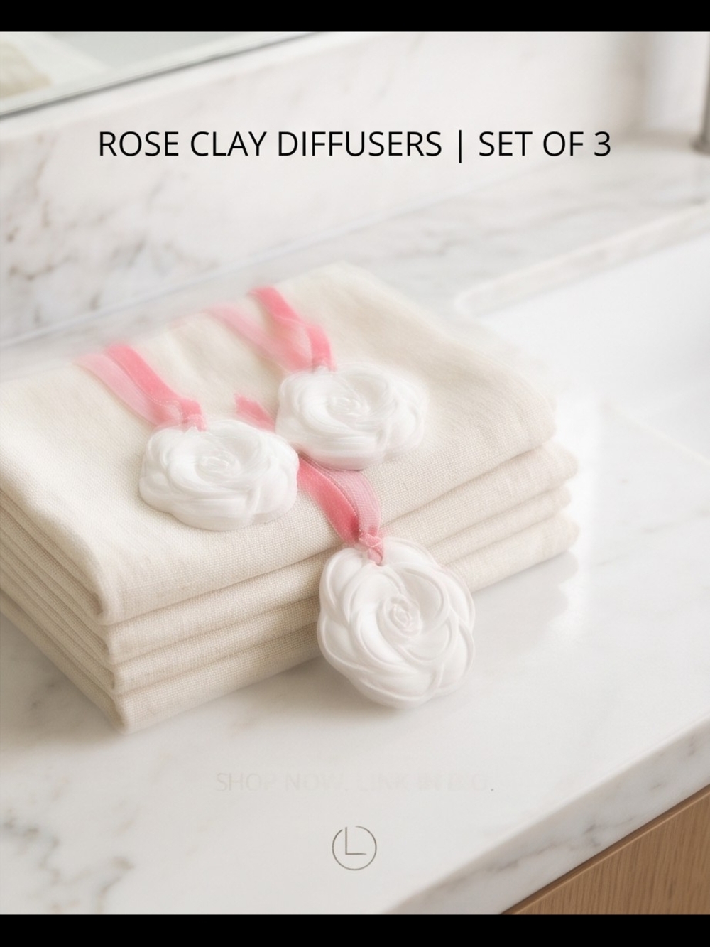 White Rose Ceramic difuser with Pink Velvet Ribbon (Set of 3) with essential oil